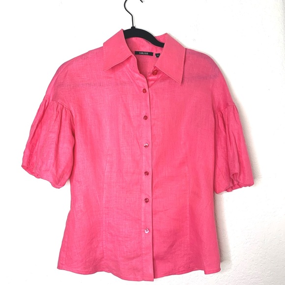 Carlisle Tops - Carlisle Size 2 Pink 100% Linen Puffy Sleeve Top